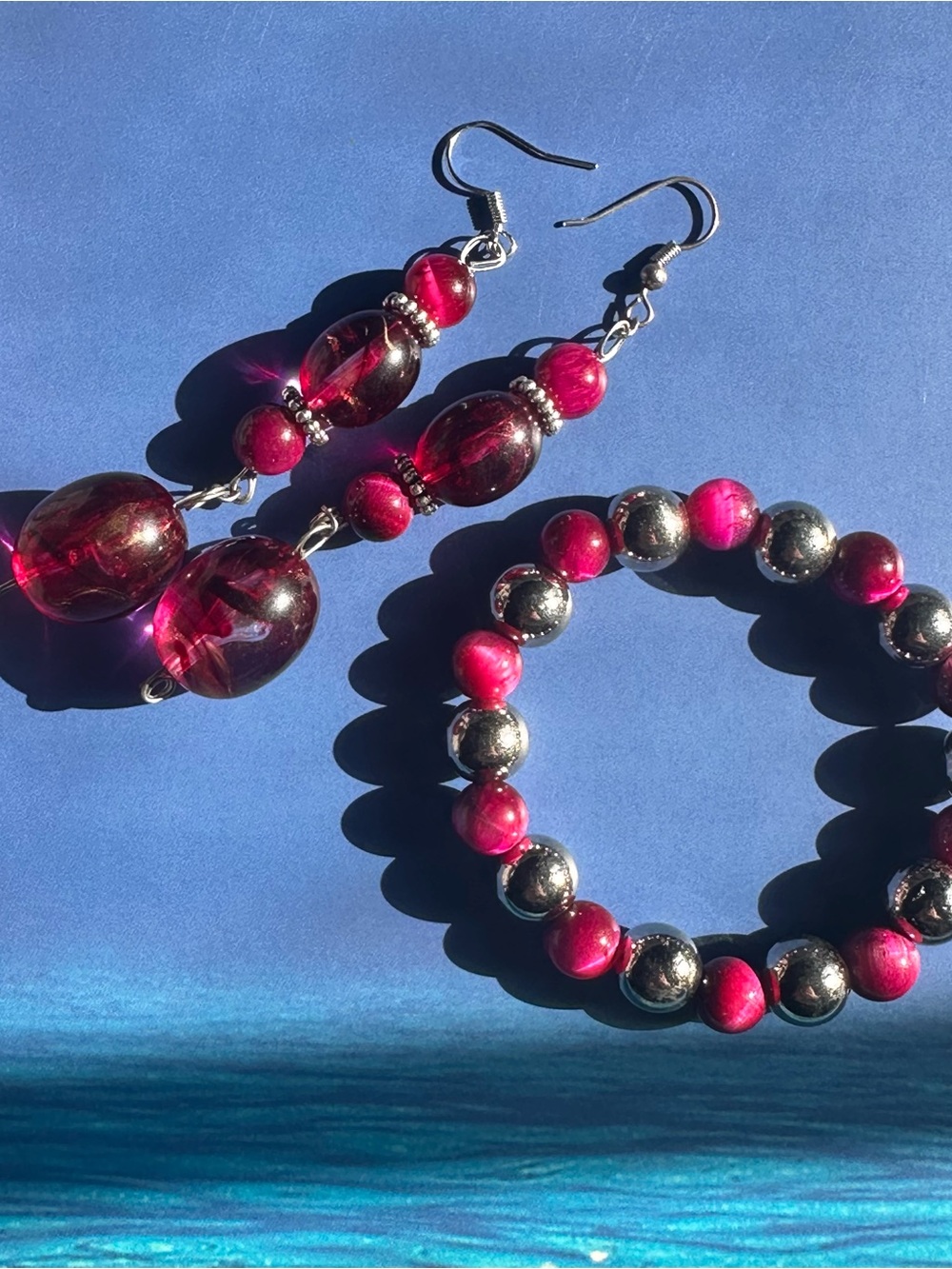 Earring and bracelet set - genuine pink tiger’s eye